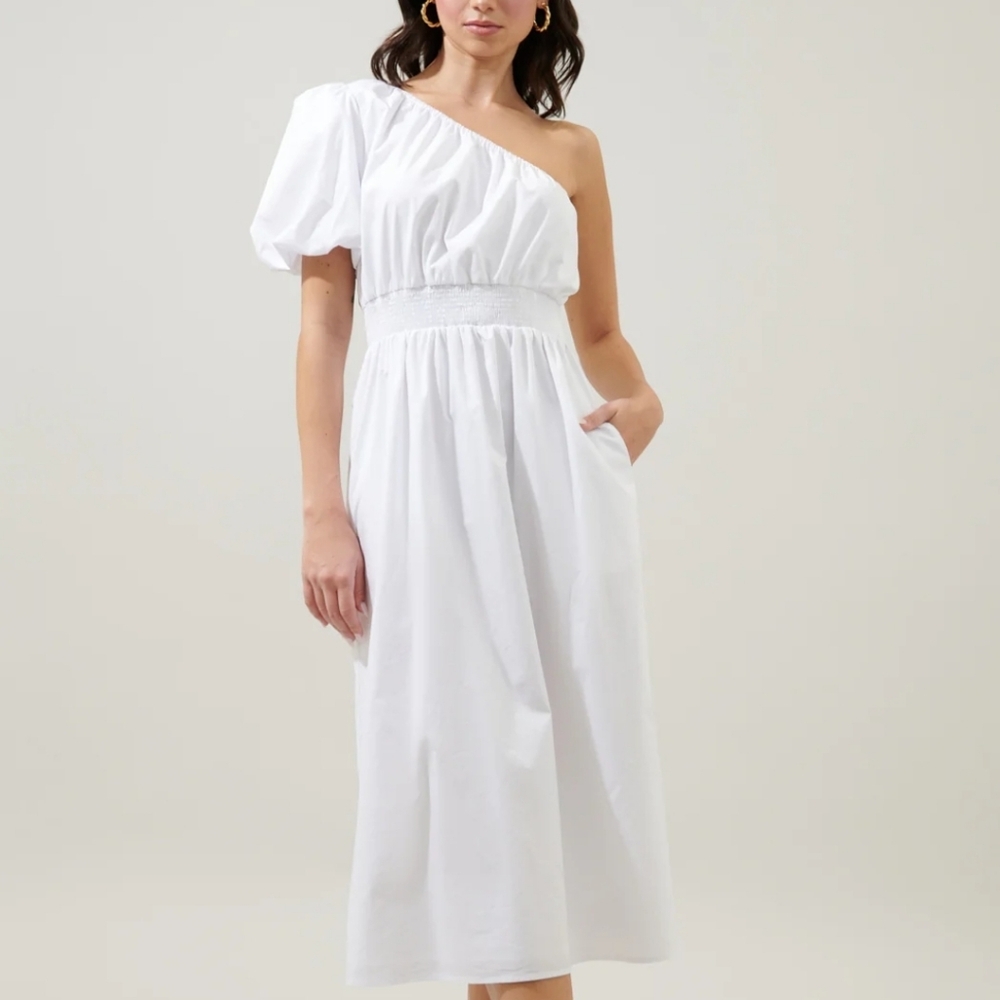 Sugarlips Bridgette One Shoulder Balloon Sleeve Poplin Midi Dress Size Small